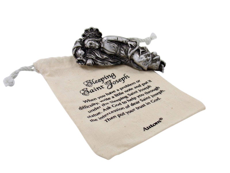 Autom Sleeping Saint Joseph Statue with Canvas Bag and Printed Prayer, Silver Tone, 3.5 Inches - Image 1